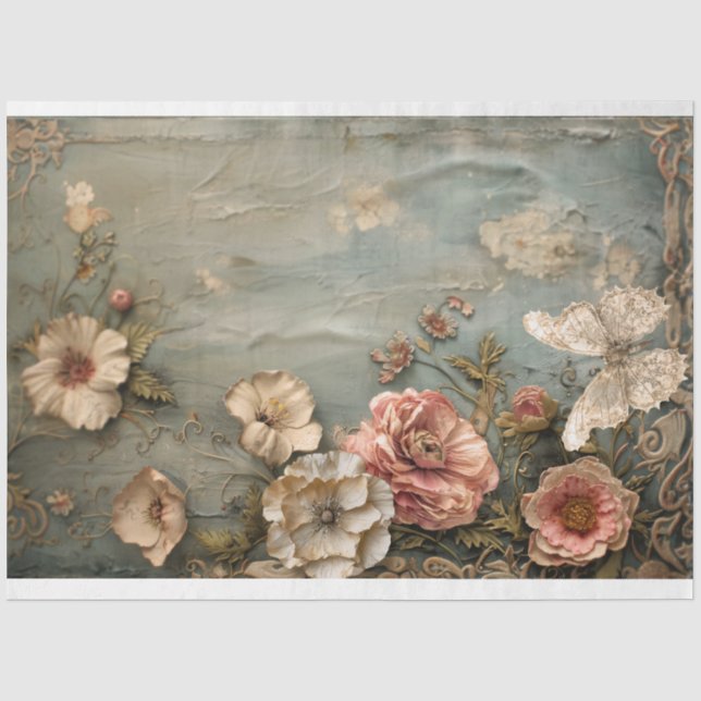 Papier Mousseline Floral badigeonné, papillon en dentelle, bleu Dust (Recto)