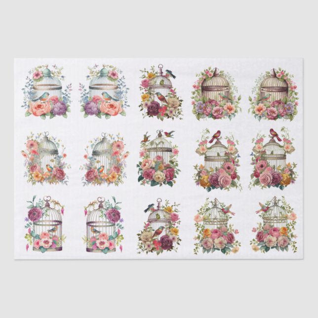 Papier Mousseline Floral Bird Cages for Small Decoupage Projects (Recto)