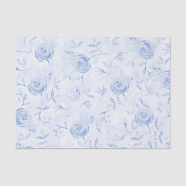 Papier Mousseline Floral Bleu Roses Élégant Damas Découpage (Recto)