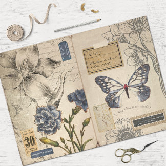 Papier Mousseline Floral bleu vintage et découpage d'Ephémère