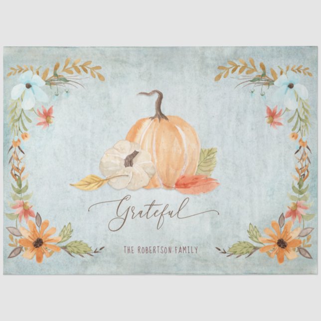 Papier Mousseline Floral Citrouille Orange Blanc Automne Feuilles Ar (Recto)