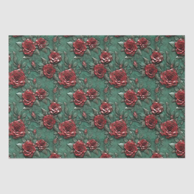 Papier Mousseline Floral de Roses rouges vertes (Recto)