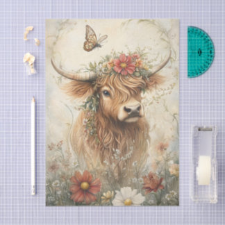 Papier Mousseline Floral Highland Cow With Wildflowers Decoupage