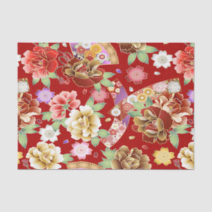 Papier Mousseline Floral moderne rose or rouge asiatique
