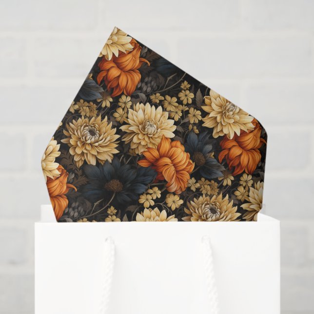 Papier Mousseline Floral noir et orange (Sac cadeau)