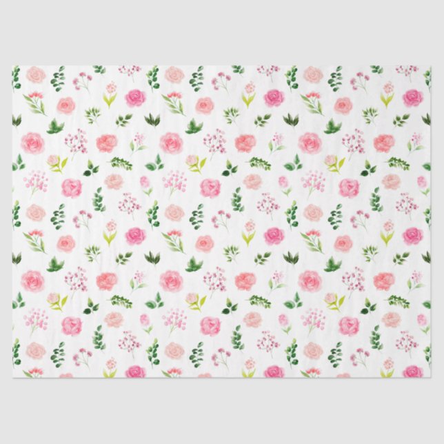 Papier Mousseline Floral Pink Roses with Foliage (Recto)