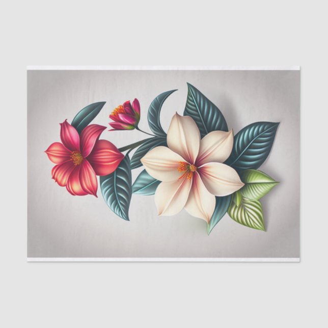 Papier Mousseline Floral Rouge Blanc Botanique Illustration Petit (Recto)