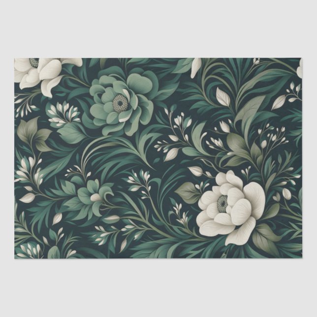 Papier Mousseline Floral vert émeraude foncé (Recto)