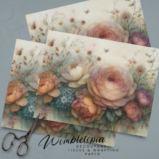 Papier Mousseline Floral Vintage dans un Découpage Rose et Bleu de R