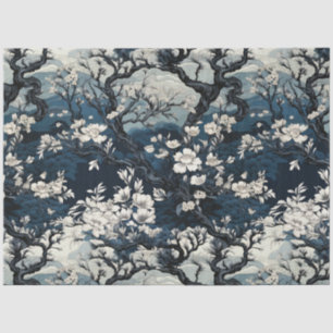 Papier Mousseline Florales bleu foncé et blanc inspirées de l'Asie v