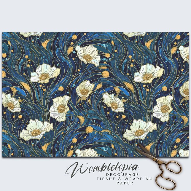 Papier Mousseline Flore céleste crème et or sur la marine (Créateur téléchargé)