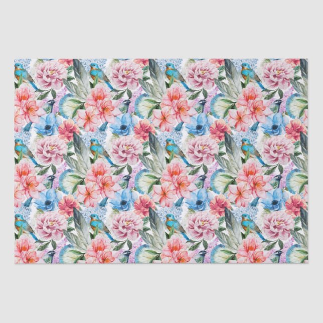 Papier Mousseline Flore Fleurs de feuillage Vert Bleu (Recto)