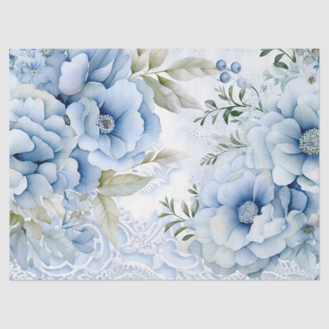 Papier Mousseline Flore victorienne Pastel Blue & Dentelle Découpage (Recto)