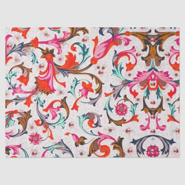 PAPIER MOUSSELINE FLORENTINE RENAISSANCE ROUGE FLEURS, FLEURS (Recto)