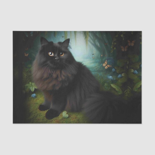 Papier Mousseline Fluffy Chat noir en Misty Woods (Recto)