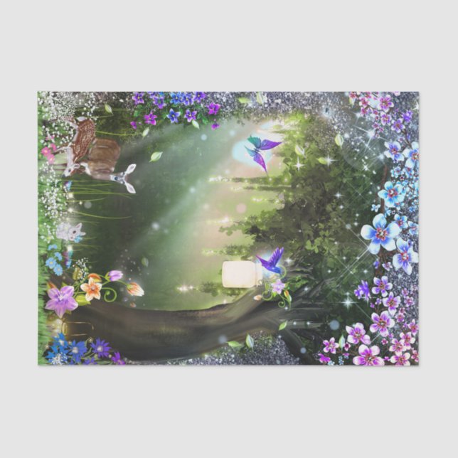 Papier Mousseline Forêt de fleurs magiques de bois Cerfs et lapin (Recto)