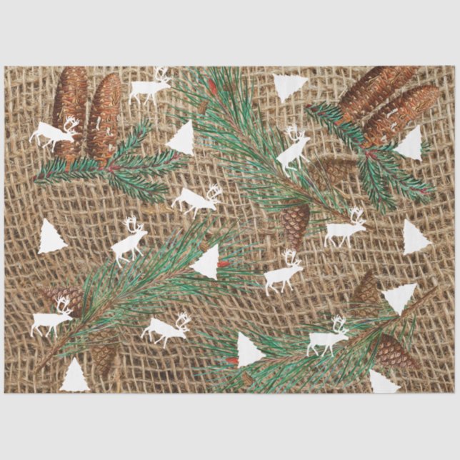 Papier Mousseline Forêt de pins rustique Reindeer Arbre de Noël (Recto)
