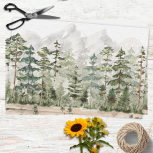 Papier Mousseline Forêt de pins verte aquarelle sur montagne