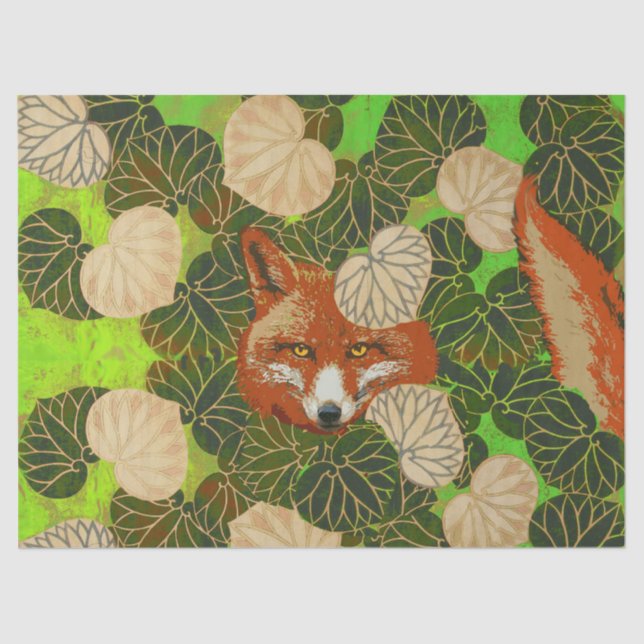 PAPIER MOUSSELINE FOX ROUGE PARMI LES FEUILLES VERTS ET LE FOLIAGE (Recto)