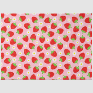 Papier Mousseline Fraises d'été mignonnes et fleurs blanches sur ros