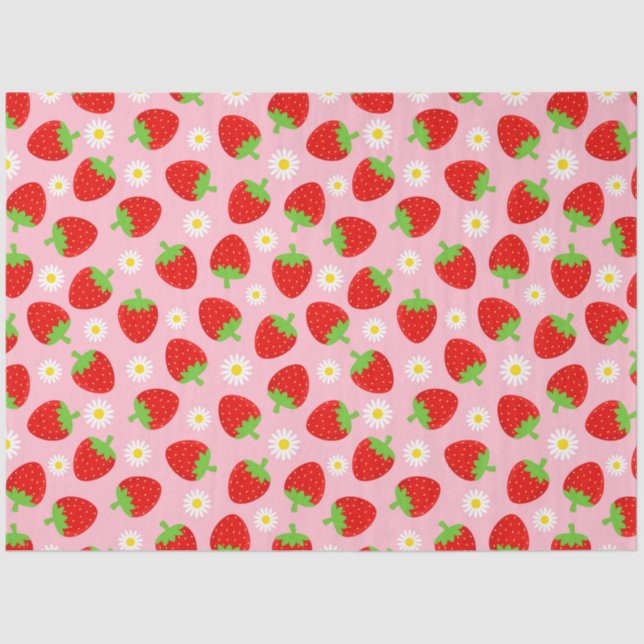 Papier Mousseline Fraises d'été mignonnes et fleurs blanches sur ros (Recto)