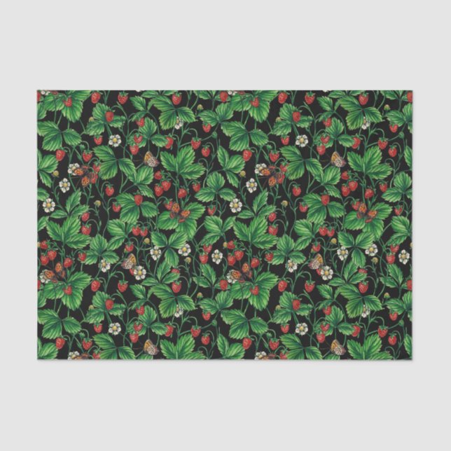 Papier Mousseline Fraises sauvages sur le noir (Recto)