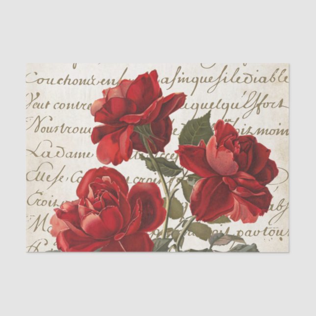 Papier Mousseline Français Script Rose rouge Floral papier Tissu Vin (Recto)