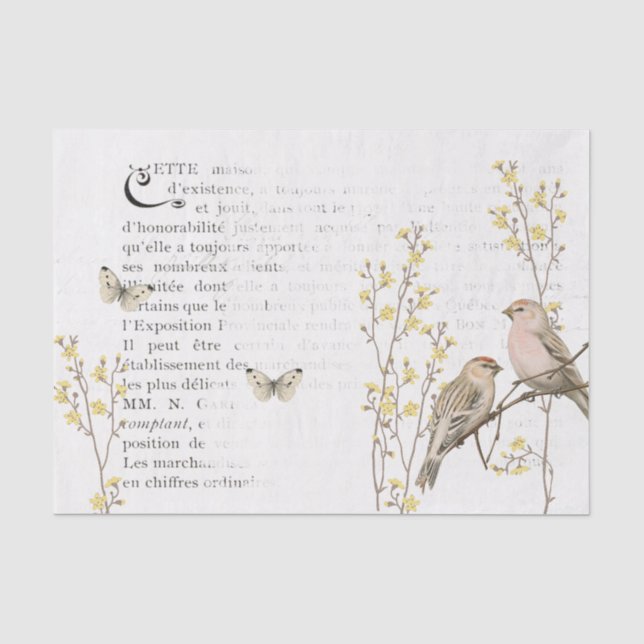 Papier Mousseline Français Texte Redpoly Bird Yellow Flower Decoupag (Recto)