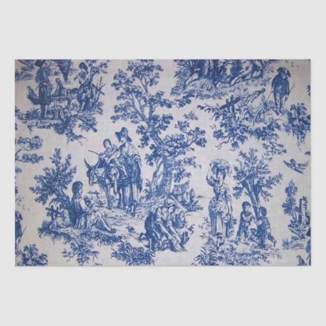 Papier Mousseline Française toile de jouy Découpage bleu et blanc (Recto)