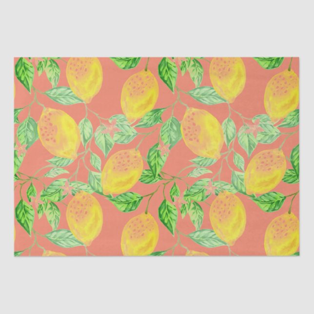 Papier Mousseline Fruit citron motif jaune et pêche rose (Recto)