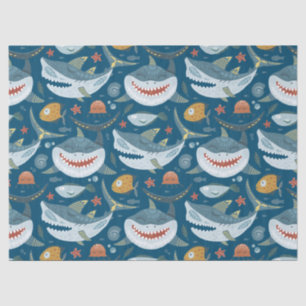 Papier Mousseline Funny Happy Shark Blue Ocean Animal Motif