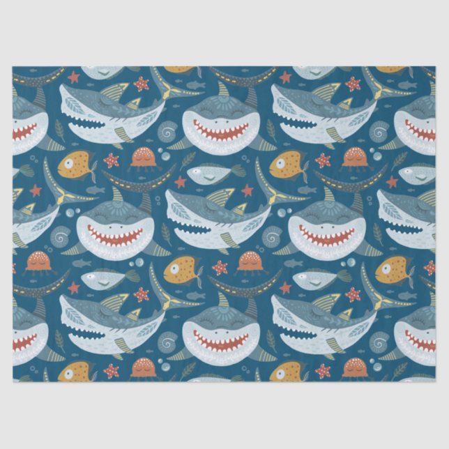 Papier Mousseline Funny Happy Shark Blue Ocean Animal Motif (Recto)