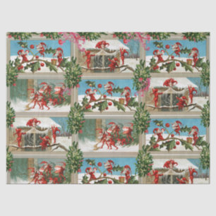 PAPIER MOUSSELINE FUNNY RED CHRISTMAS ELVES, HOLLYBERRIES, MISTLETOE