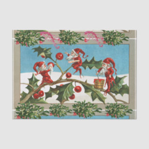 PAPIER MOUSSELINE FUNNY RED CHRISTMAS ELVES, HOLLYBERRIES, MISTLETOE