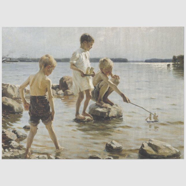 Papier Mousseline Garçons jouant sur le rivage (par Albert Edelfeel) (Recto)