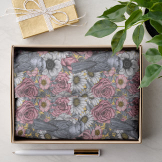 Papier Mousseline Geais gris et fleurs