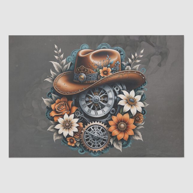 Papier Mousseline Gears en fleurs : Steampunk style cowboy. (Recto)