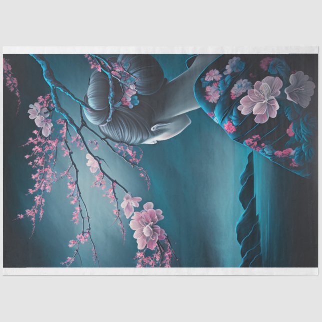 Papier Mousseline Geisha Oriental Woman, Chinoiserie, Fleur de ceris (Recto)