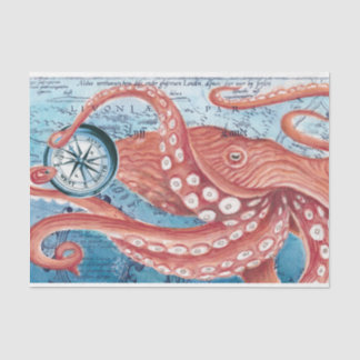 Papier Mousseline Giant Rouge Pacifique Octopus Compass Carte Vintag