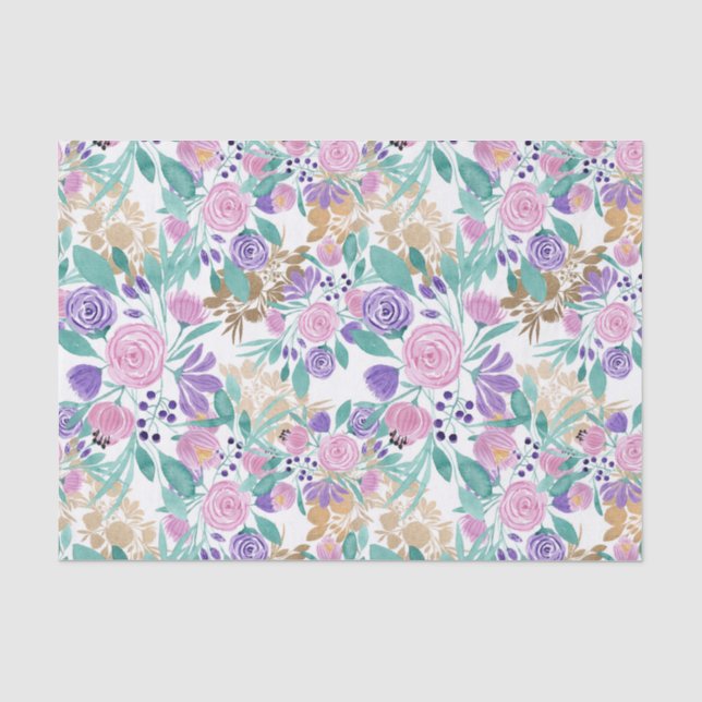 Papier Mousseline Girly pink Violet Purple Gold Watercolor Flowers (Recto)