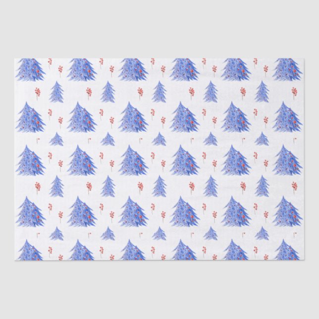 Papier Mousseline Glace Hiver Bleu Arbre Holly Berries Blanc Noël (Recto)