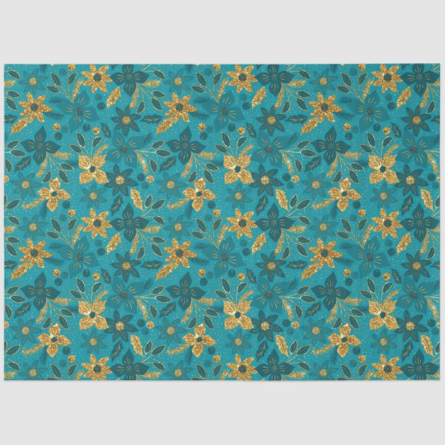 Papier Mousseline Gold and Teal Blue Christmas Poinsettia Flowers (Recto)