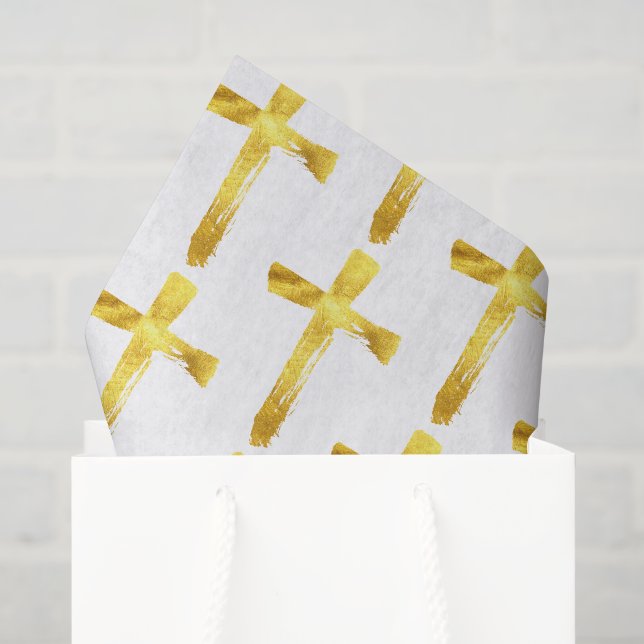 Papier Mousseline Gold Brush Cross - Moderne Christian Crucifix (Sac cadeau)