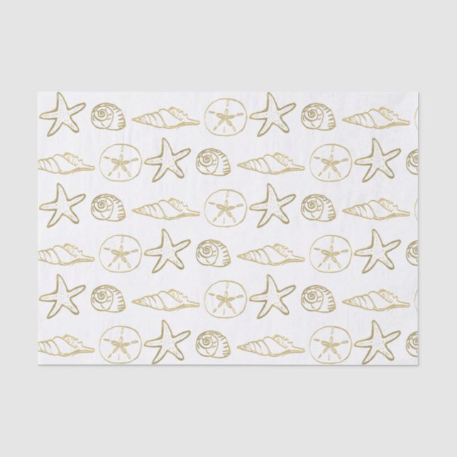 Papier Mousseline Gold Foil Look Sea Shells Chic Beach Elegant Blanc (Recto)