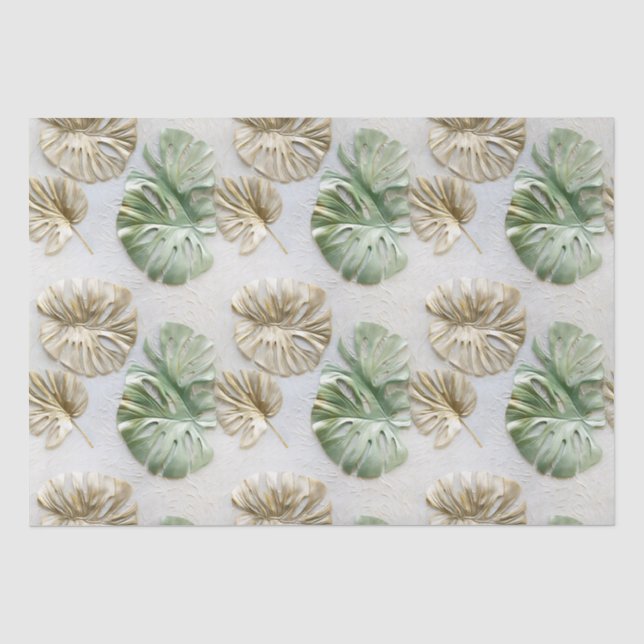 Papier Mousseline Gold Green White Feuilles tropicaux (Recto)