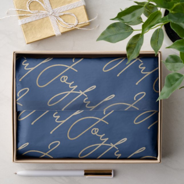 Papier Mousseline Gold JOYFUL Script on Blue (Cadeau)