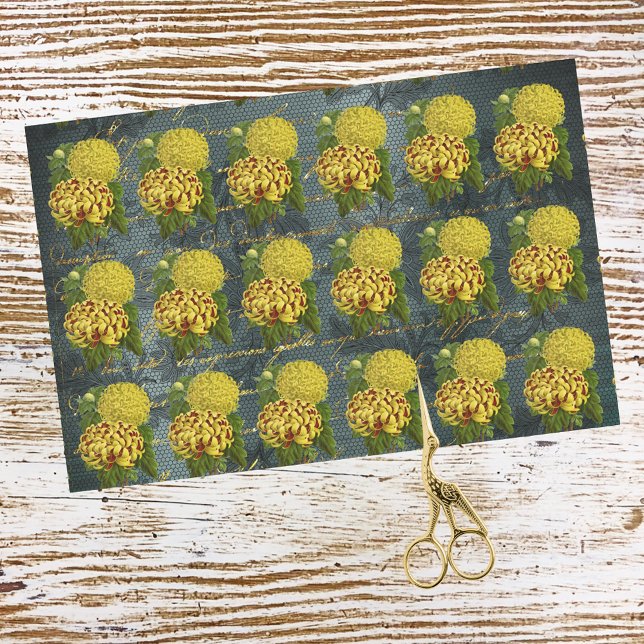 Papier Mousseline Gold Red Chrysanthèmes sur Turquoise Damask en écr (Créateur téléchargé)