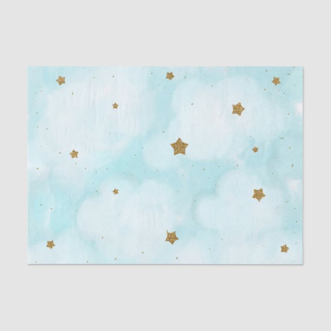 Papier Mousseline Gold Stars & Blue Sky Clouds Baby shower Party (Recto)