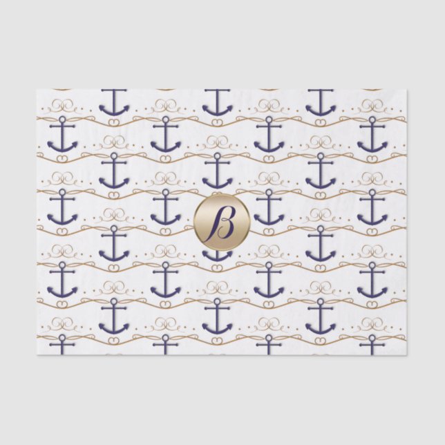 Papier Mousseline Gold White Ancres Nautique Monogramme moderne (Recto)