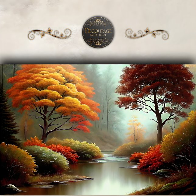 Papier Mousseline Golden Autumn River paysage découpage (Golden Autumn River Scene Landscape Decoupage Tissue Paper)
